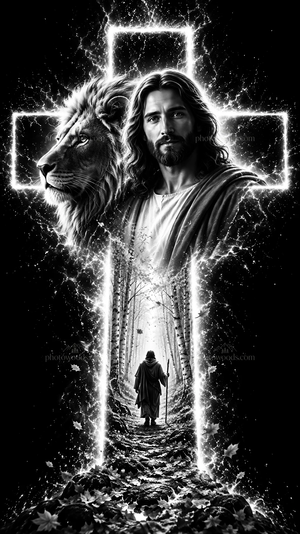 Jesus Christ walking in a forest with a lion and a cross - AI-generated stock image