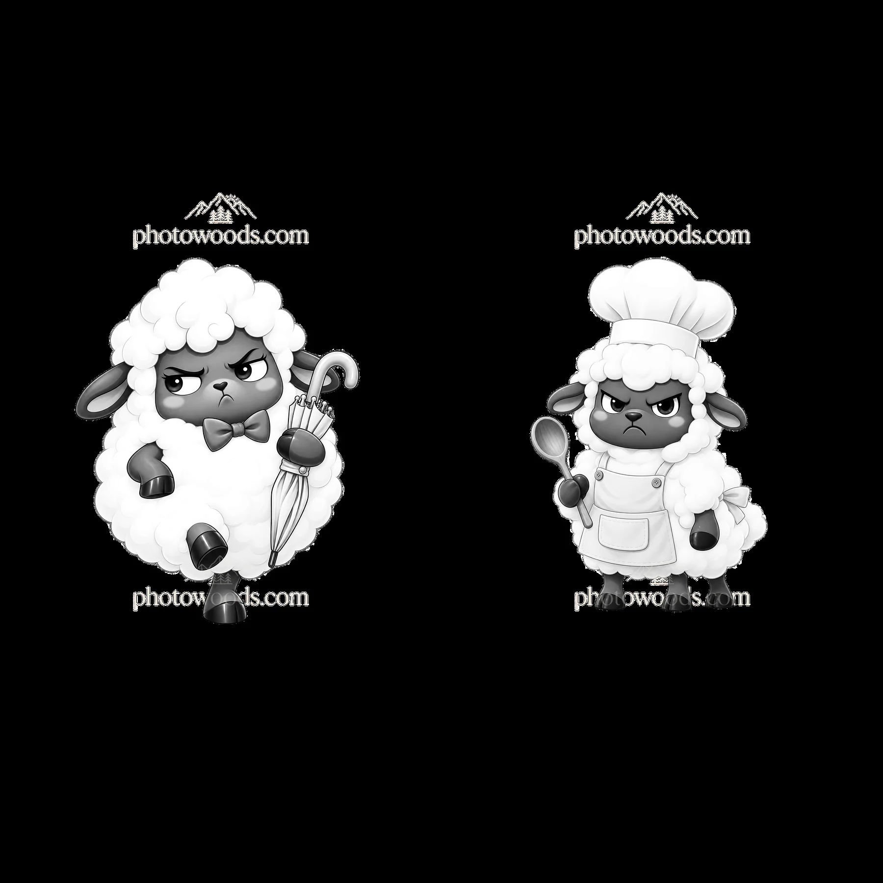 Kawaii grumpy sheep with umbrella and chef hat in monochrome - AI-generated stock image