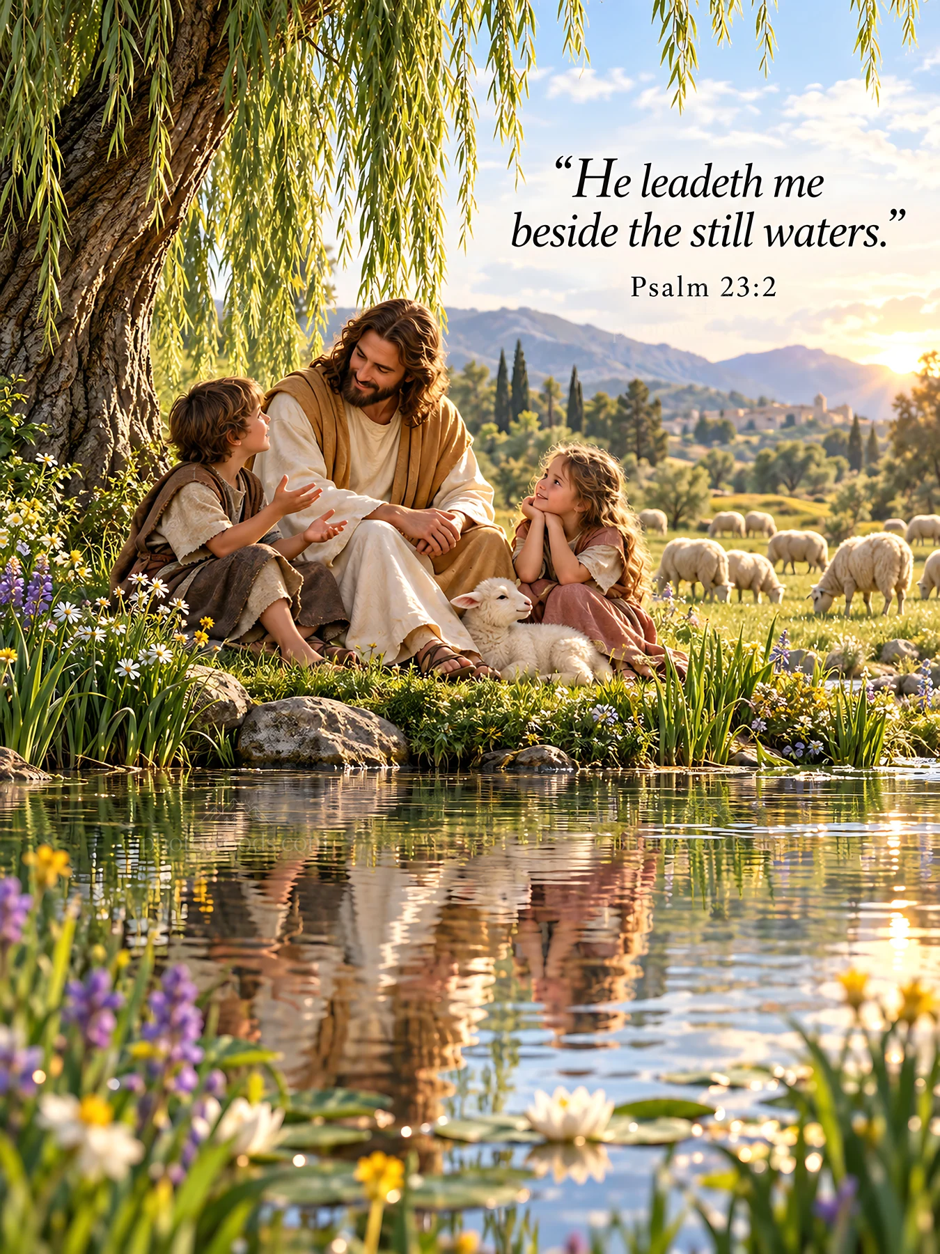 Jesus Christ teaching by the still waters with children - AI-generated stock image