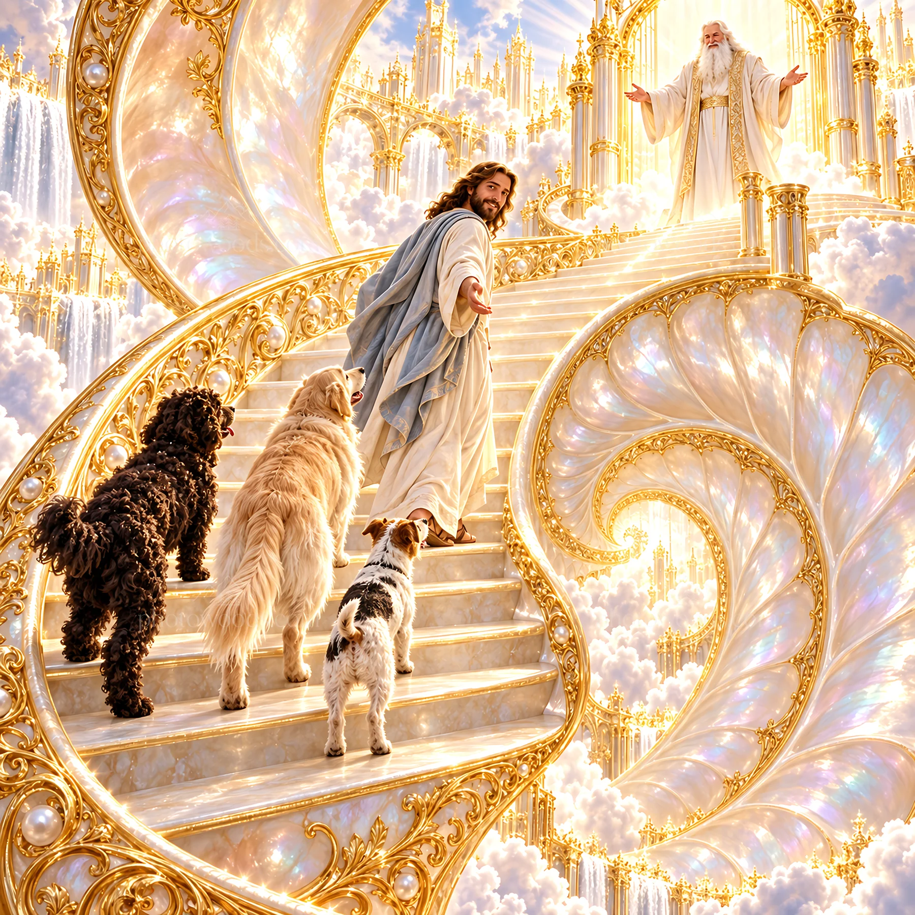 Jesus Christ walking towards God with dogs on a heavenly staircase - AI-generated stock image