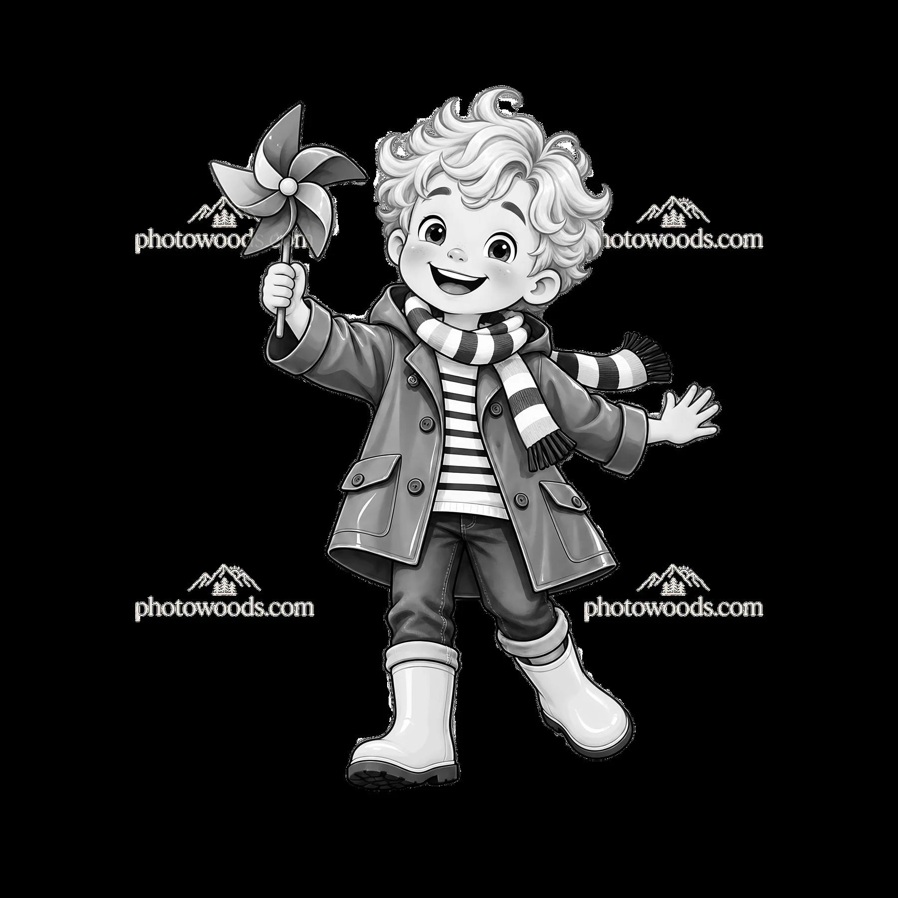 Child smiling with a pinwheel in a raincoat and striped scarf - AI-generated stock image