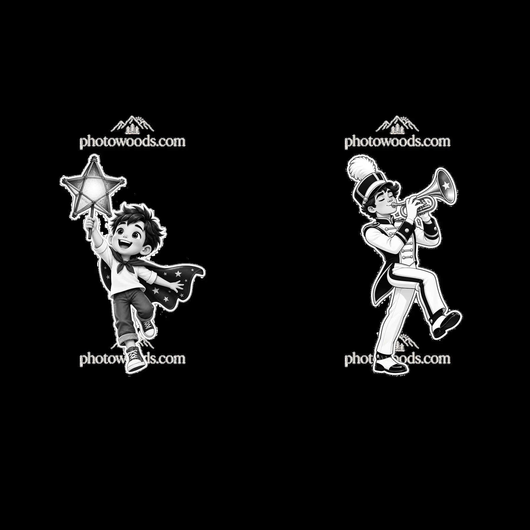 Boy with a star wand and a marching band member with a trumpet - AI-generated stock image