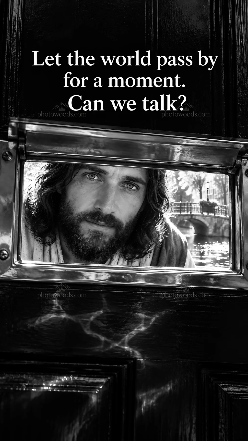 Jesus Christ inviting conversation through a door - AI-generated stock image