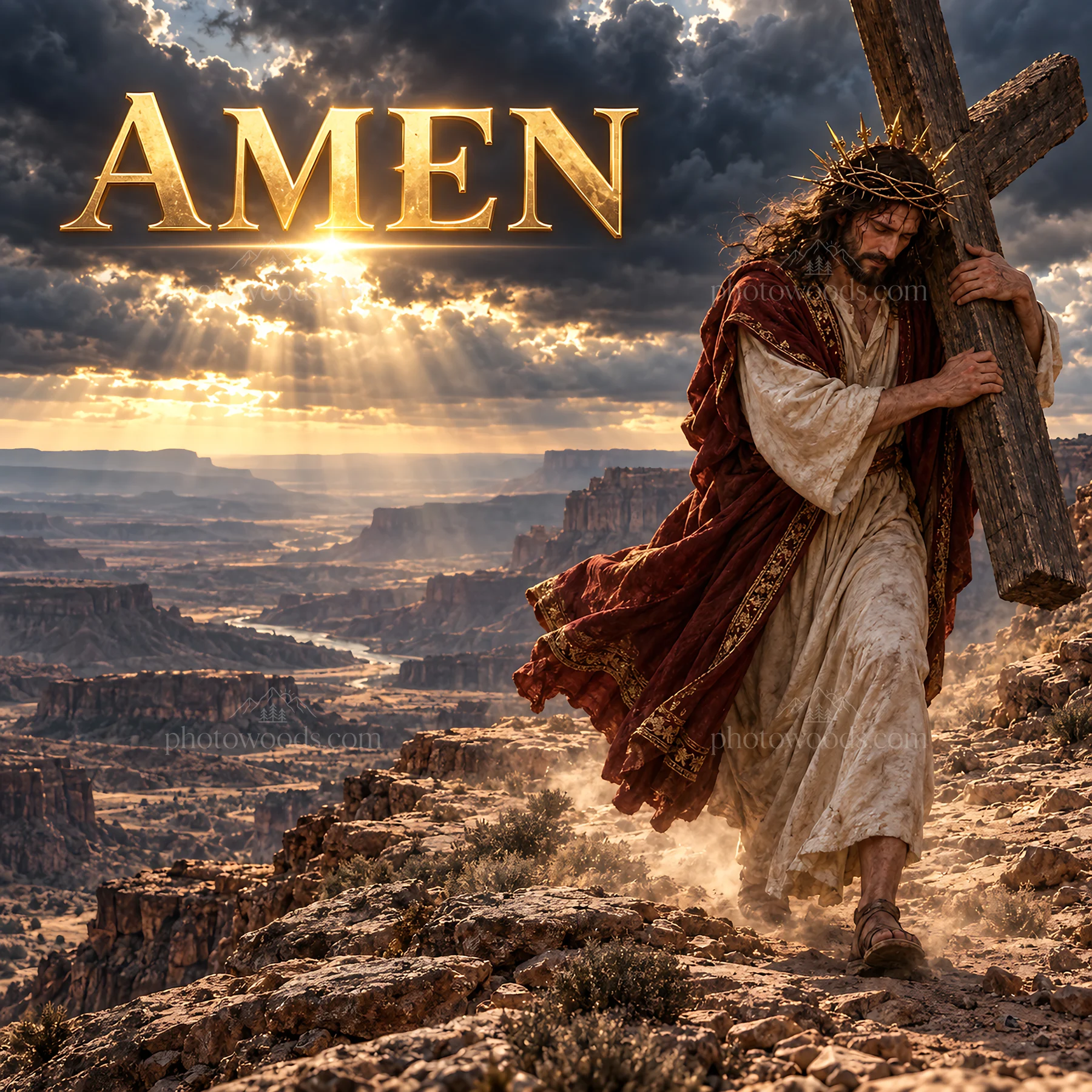 Jesus Christ carrying a cross in a desert landscape - AI-generated stock image