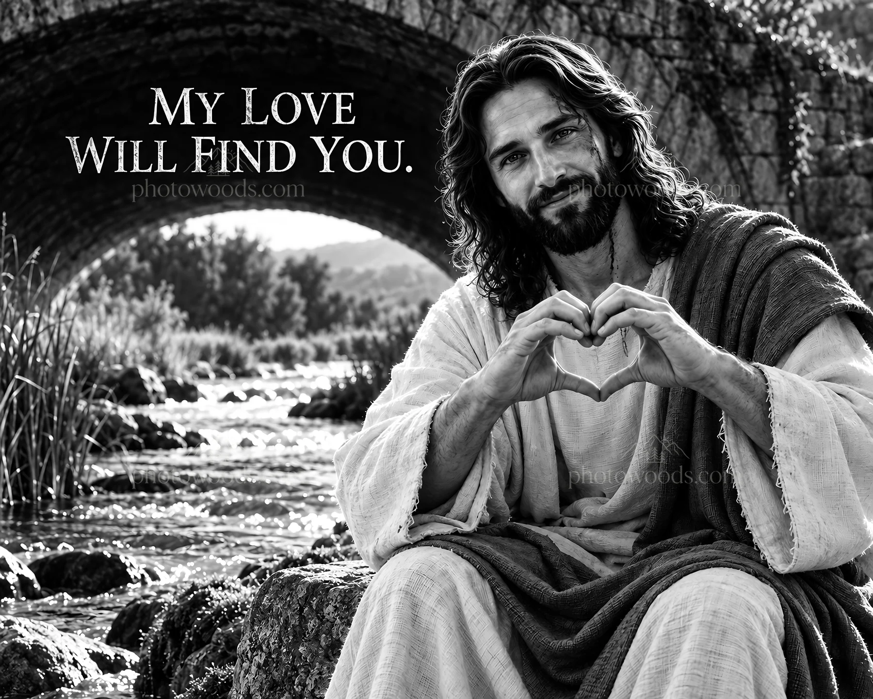 Jesus Christ showing love by the river - AI-generated stock image