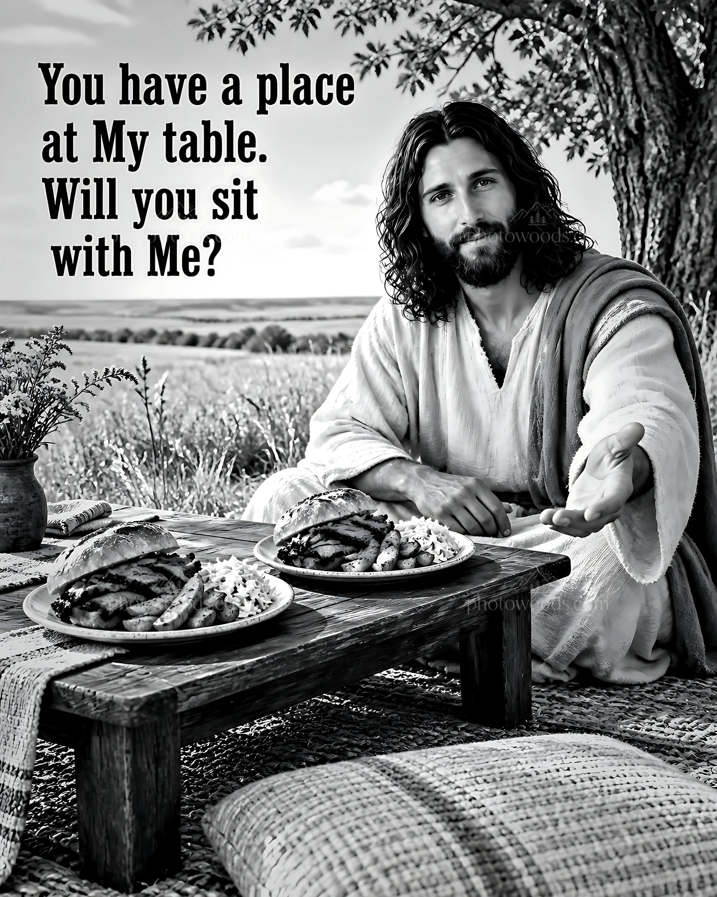 Invitation to a meal in the prairie setting - AI-generated stock image