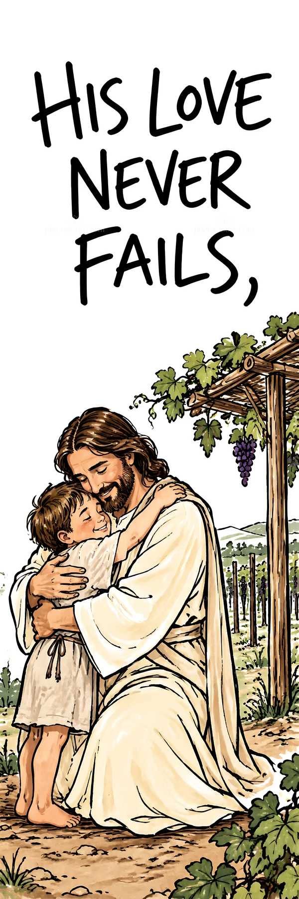 Jesus Christ comforting a child with love in a vineyard - AI-generated stock image