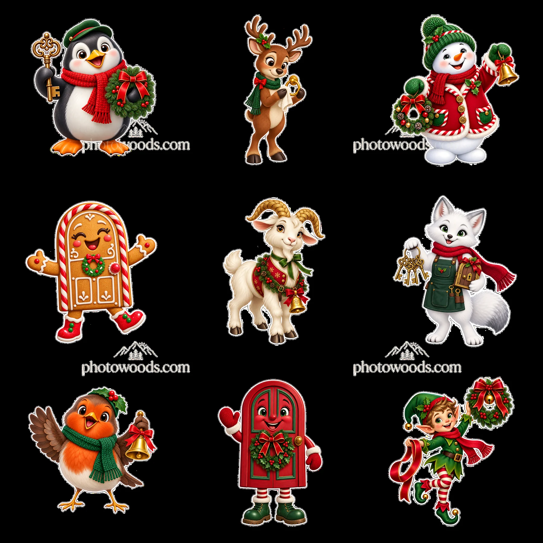 Christmas characters with festive elements arranged in a grid - AI-generated stock image