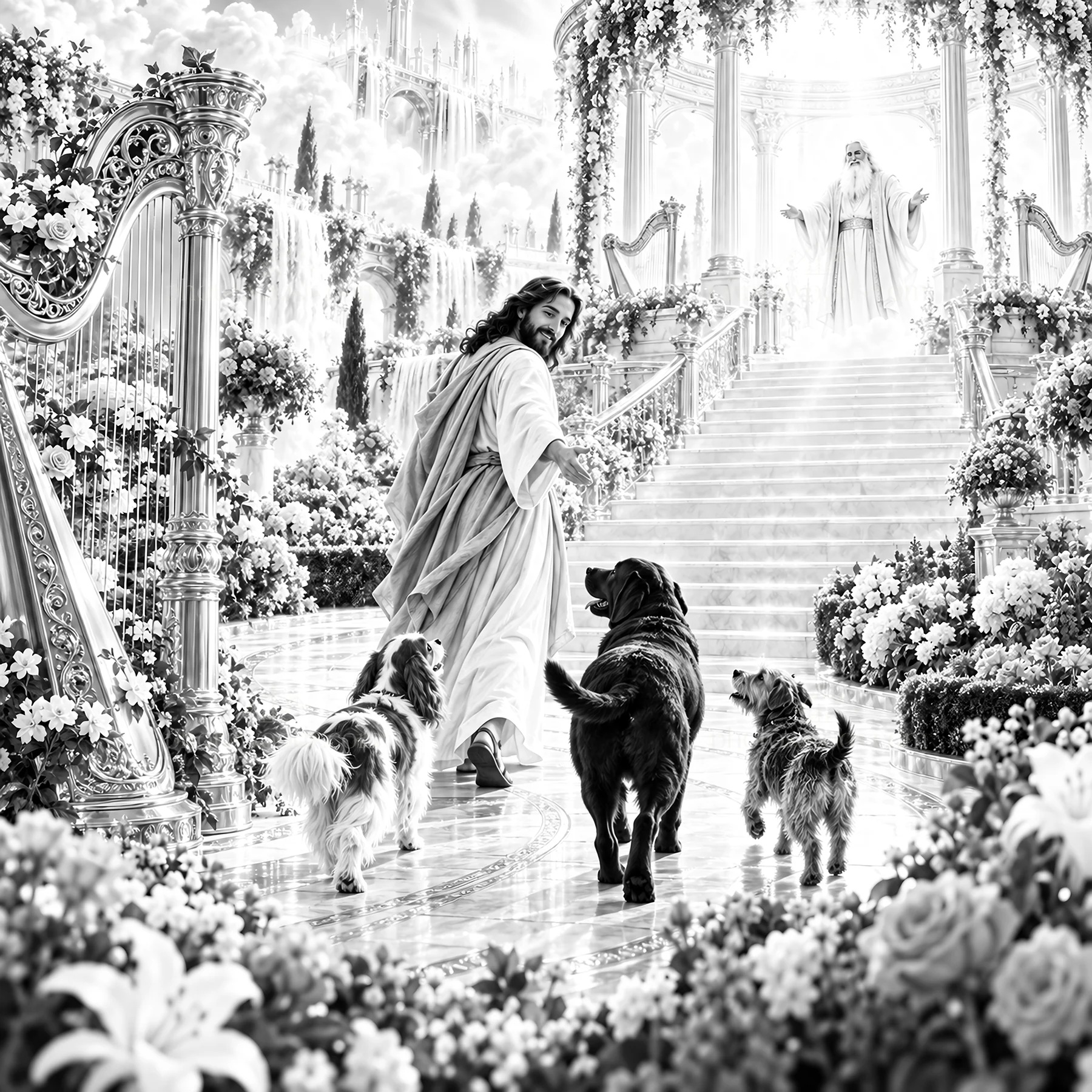 Jesus Christ walking in a garden with dogs - AI-generated stock image