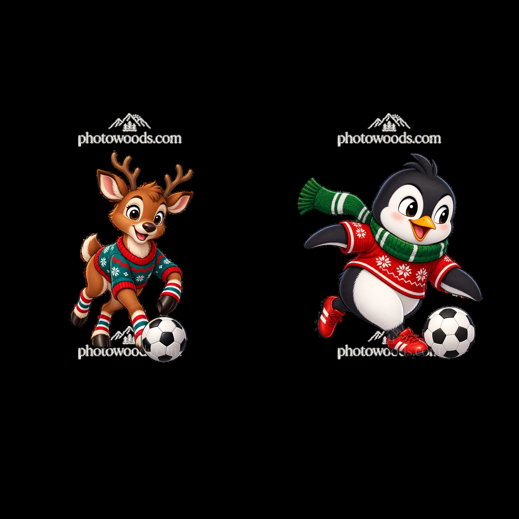 Reindeer and penguin playing soccer in Christmas sweaters - AI-generated stock image