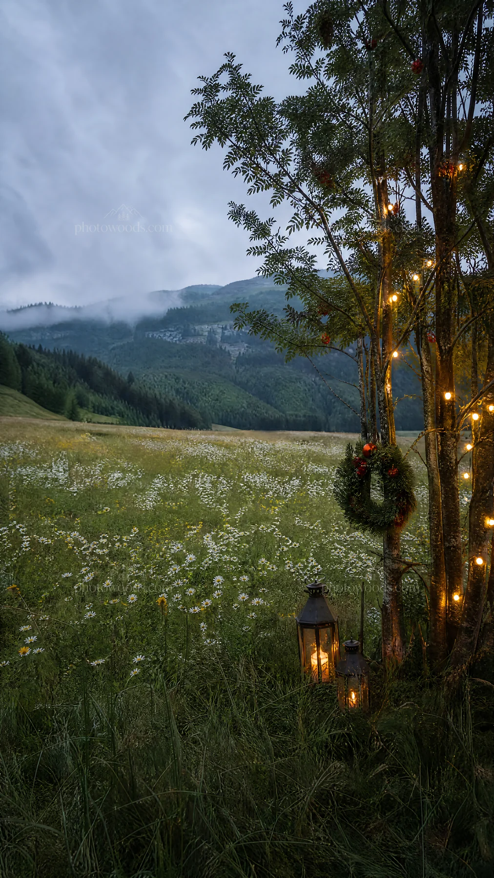 Mountain valley with Christmas string lights and meadow flowers - AI-generated stock image