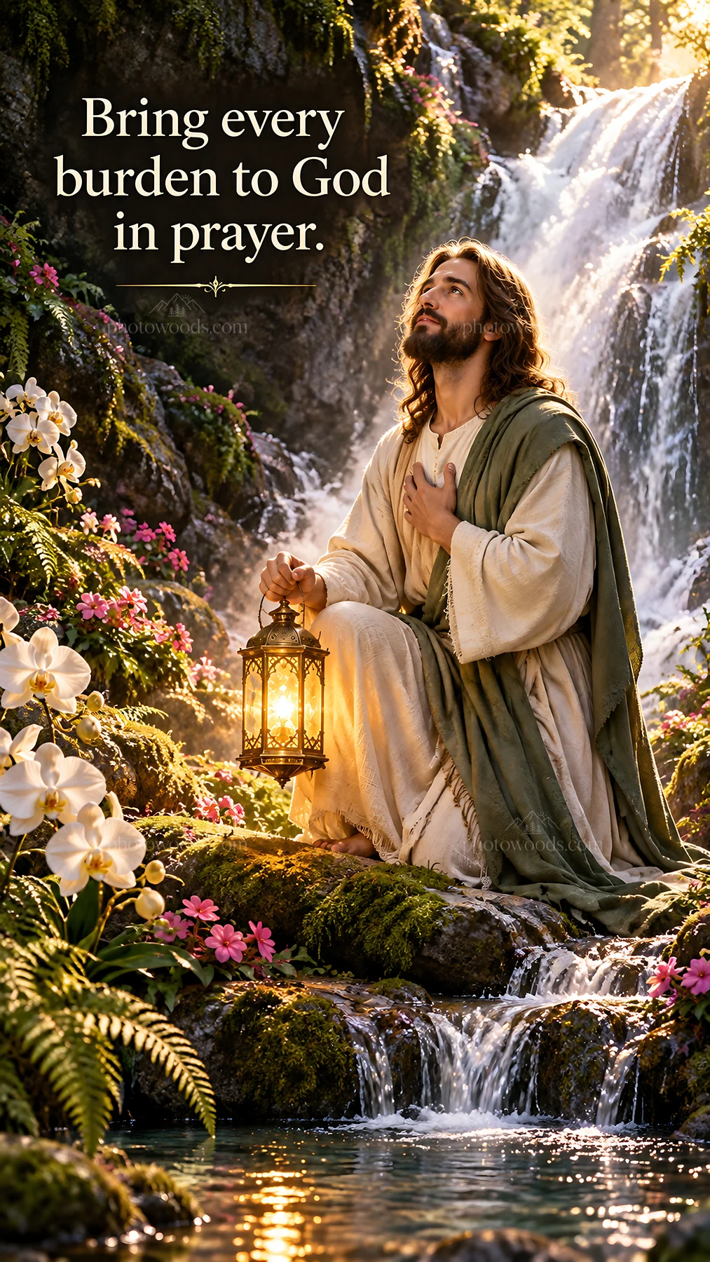 Jesus Christ kneeling by the waterfall with a lantern - AI-generated stock image