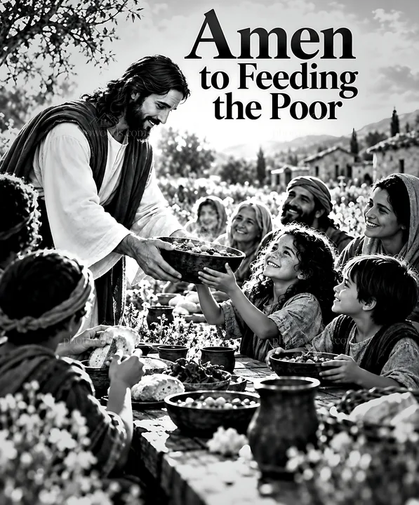 Shared table in the meadow with people gathering food - AI-generated stock image