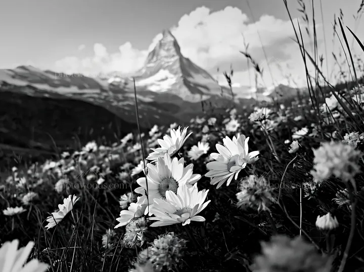 Matterhorn alpine wildflower meadow with daisies and mountains - AI-generated stock image