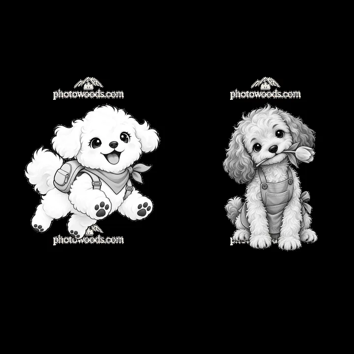 Two cute dogs playing with toys in a monochrome cartoon style - AI-generated stock image
