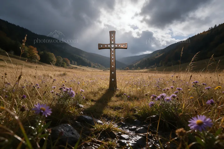 Aged Christian cross in autumn valley meadow with flowers - AI-generated stock image