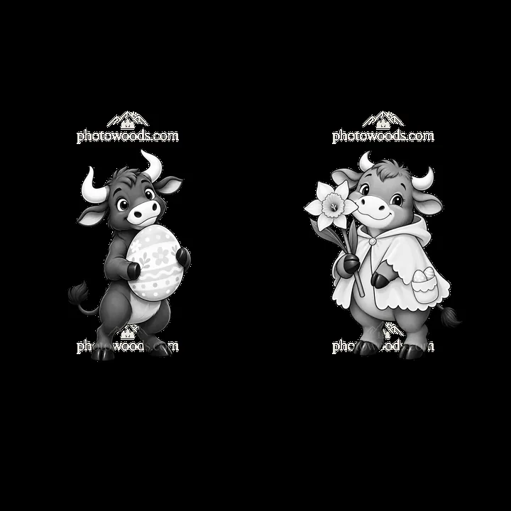 Easter ox holding egg and flowers in monochrome illustration - AI-generated stock image