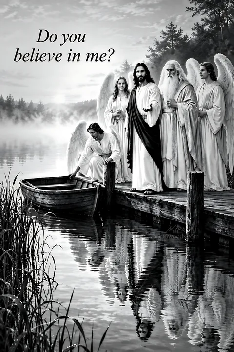 Do you believe in me with angels by the water - AI-generated stock image
