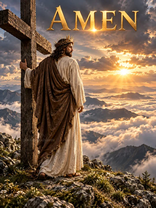 Jesus Christ stands by a cross at sunset in the mountains - AI-generated stock image
