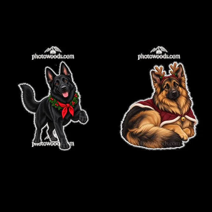 Christmas German Shepherds with decorations and joyful poses - AI-generated stock image
