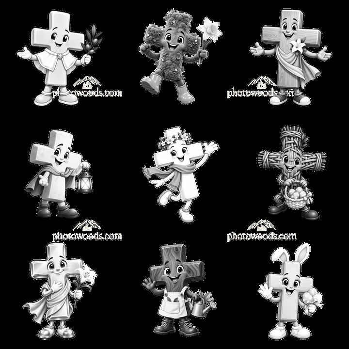 Easter-themed cartoon crosses with different characters and props - AI-generated stock image