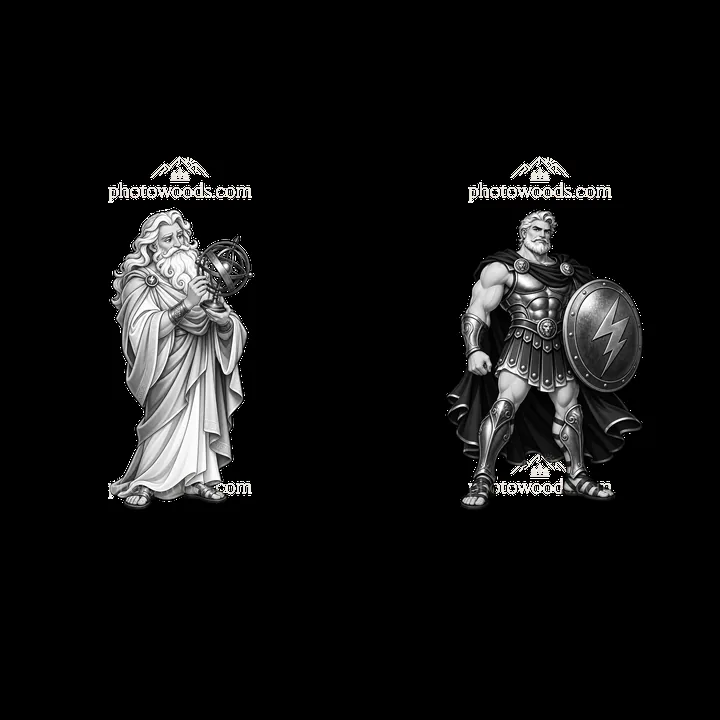 Zeus and Hercules cartoon sticker design in black and white - AI-generated stock image