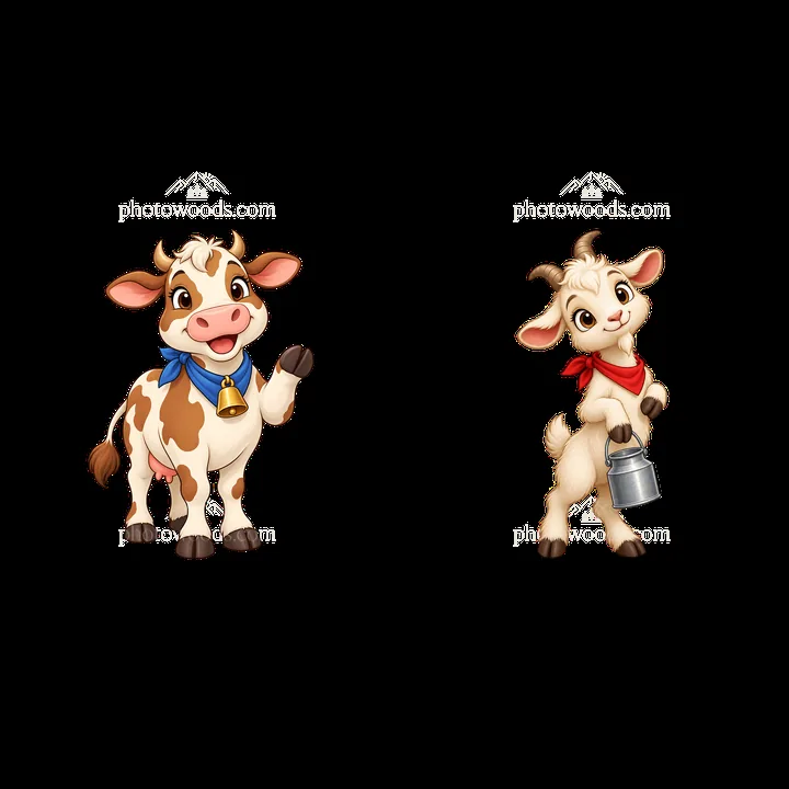 Happy cow and cheerful goat cartoon sticker duo - AI-generated stock image