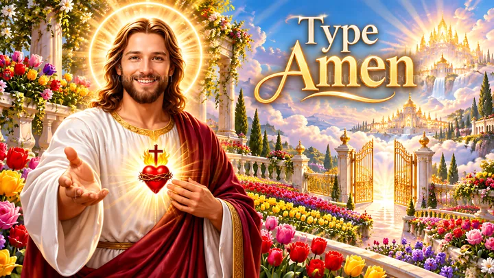 Jesus with heart in a garden of tulips - AI-generated stock image