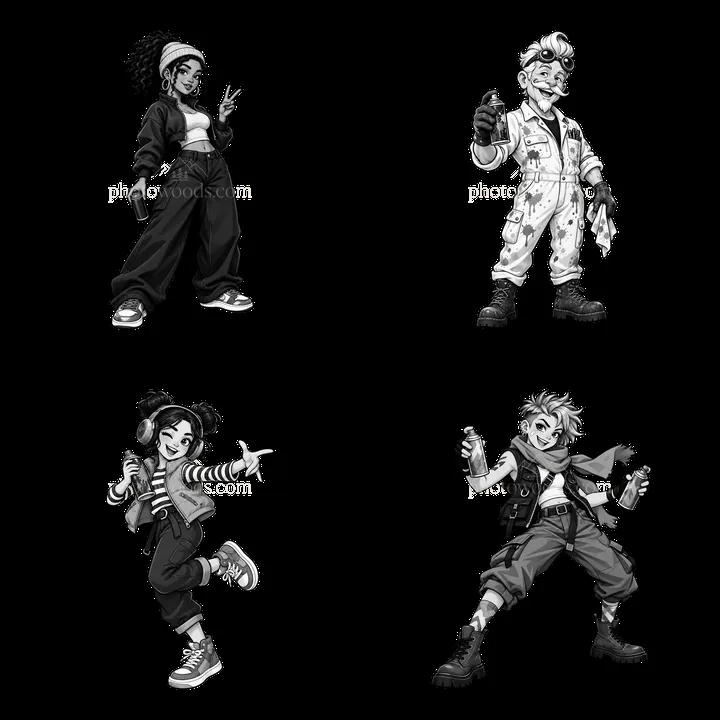 Cool graffiti sprayers creating urban art in black and white - AI-generated stock image