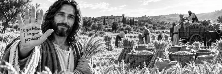 Jesus Christ offers reassurance in a harvest field - AI-generated stock image
