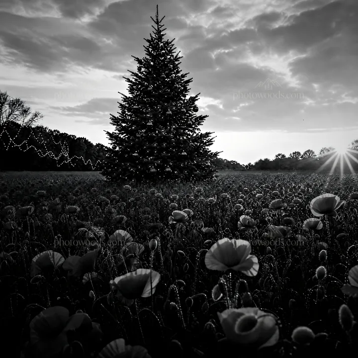Vibrant Christmas tree at dusk in a meadow with flowers - AI-generated stock image