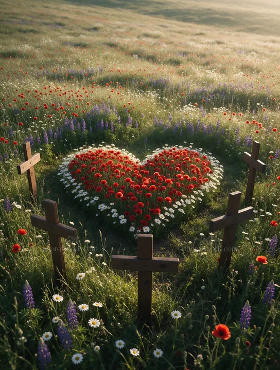 Christian crosses in a meadow with flowers at sunrise - AI-generated stock image