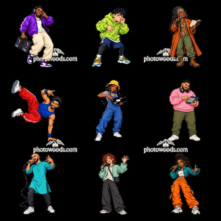 Hip-hop artists performing in dynamic poses with vibrant outfits - AI-generated stock image