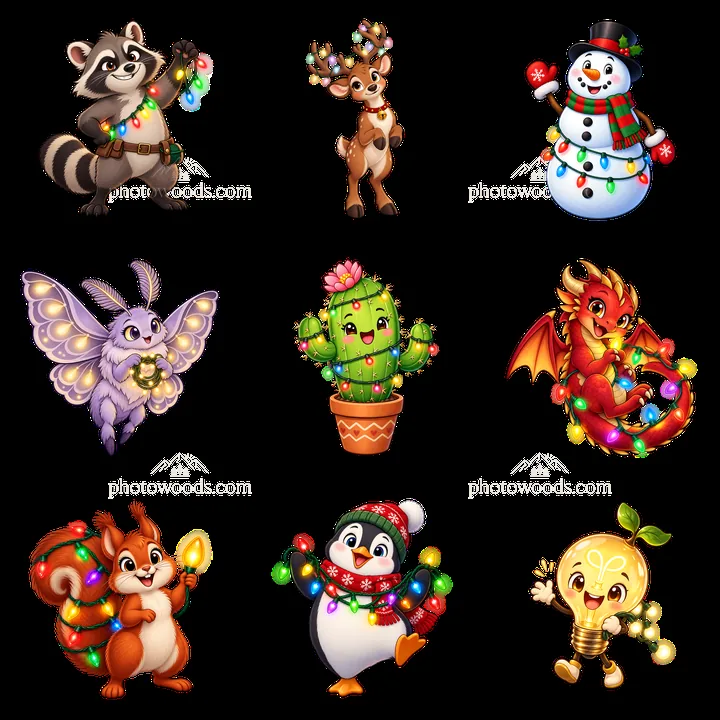 Cute cartoon animals and characters with string lights - AI-generated stock image