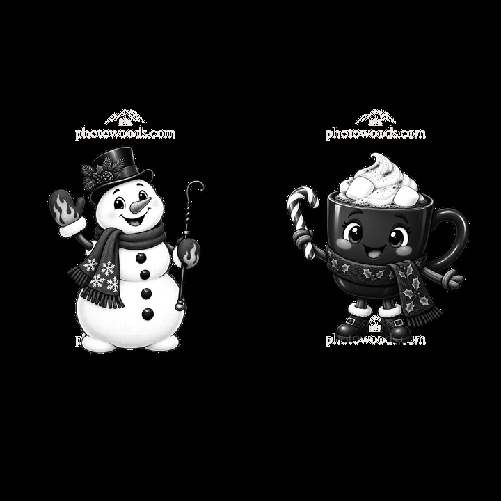 Snowman with a candy cane and cocoa mug with whipped cream - AI-generated stock image