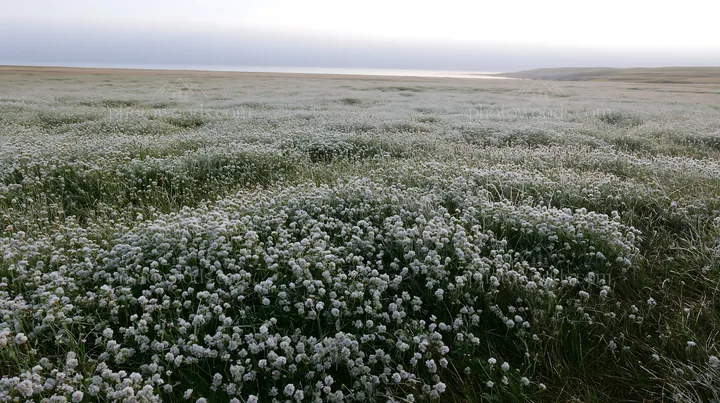 Silver dew meadow with flowers covering vast land area - AI-generated stock image
