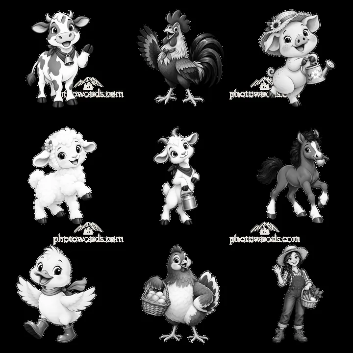 Farm animals and a farmer in monochrome cartoon illustration - AI-generated stock image