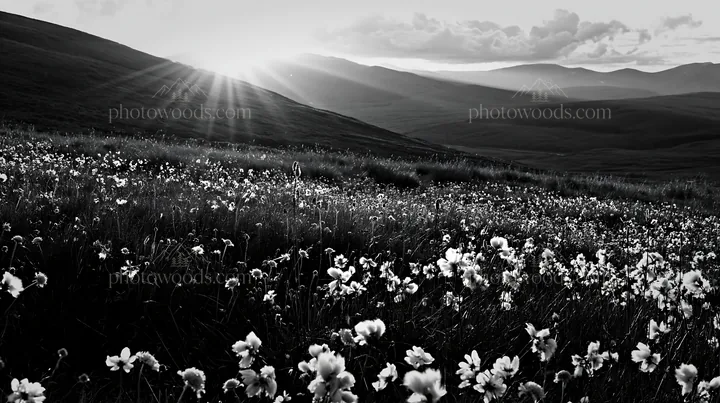 Black and white crepuscular rays shining over a flower-filled meadow - AI-generated stock image