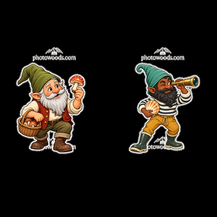 Gnome with basket of mushrooms and gnome with telescope - AI-generated stock image