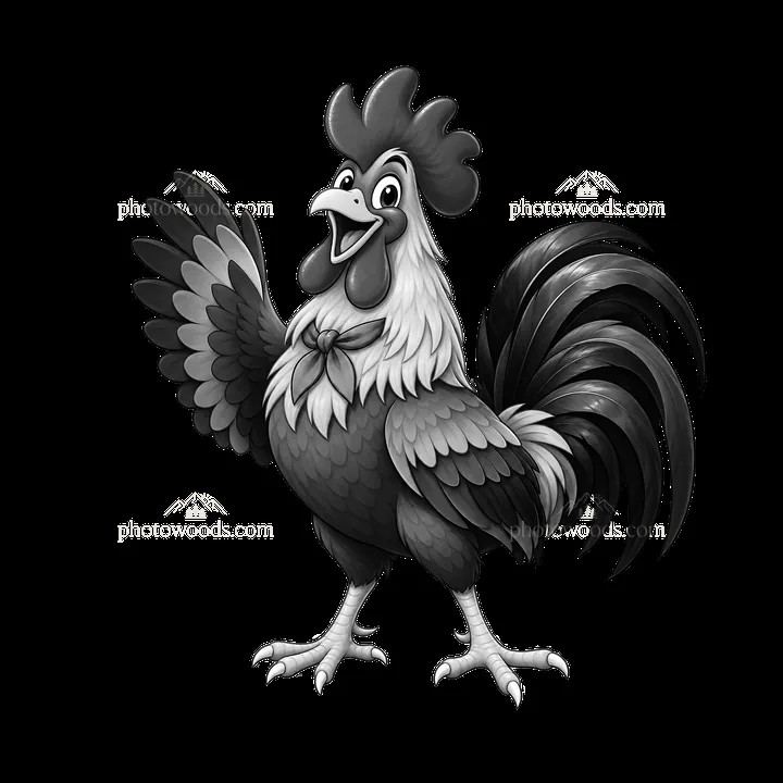 Cheerful rooster waving with outstretched wings in farm setting - AI-generated stock image