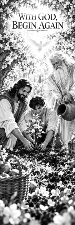 Jesus Christ planting a tree with a young man - AI-generated stock image