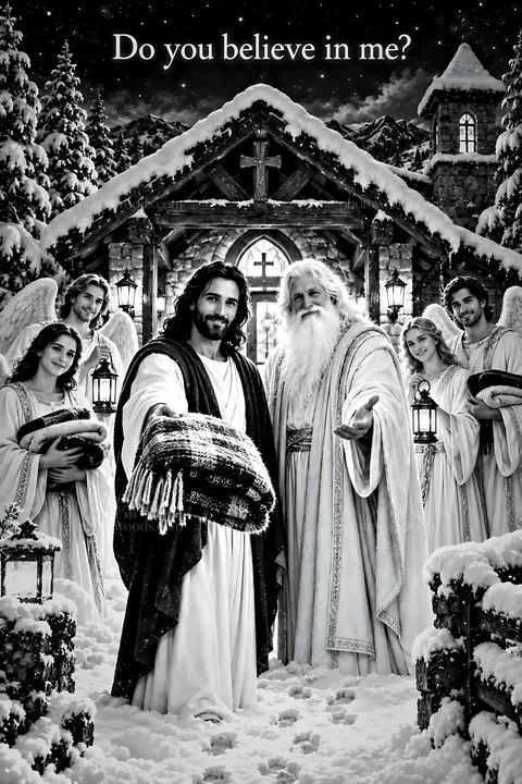 Snowbound chapel with figures in winter setting - AI-generated stock image
