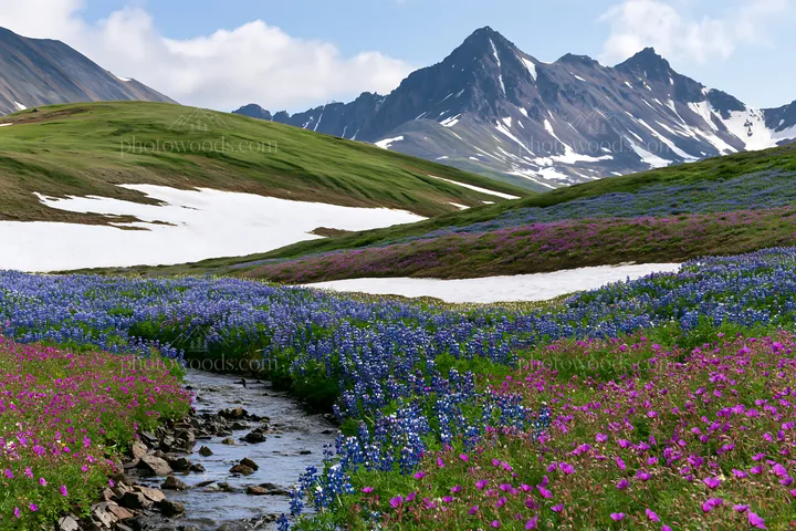 Colorful lupine meadow with mountains and stream - AI-generated stock image