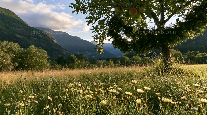 Apple tree meadow in the Dolomites with Christmas garlands - AI-generated stock image