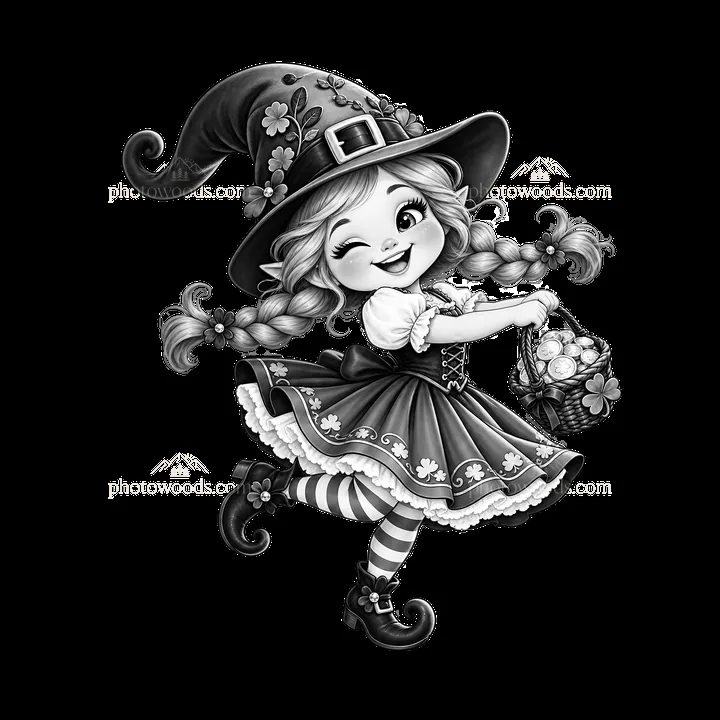 St. Patrick's Day gnome with basket and flowers in black and white - AI-generated stock image