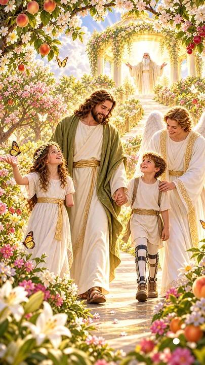 Jesus Christ walking with children in a garden - AI-generated stock image