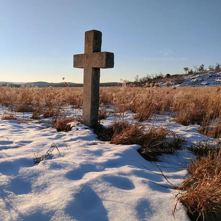 Weathered Christian cross in snowy meadow at sunset - AI-generated stock image