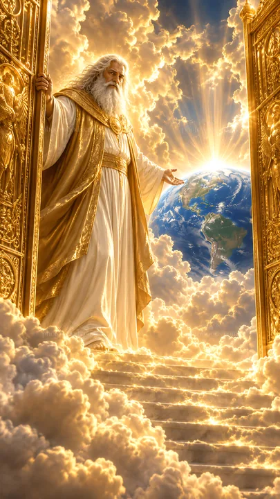 Jesus Christ welcomes with open arms in a heavenly setting - AI-generated stock image