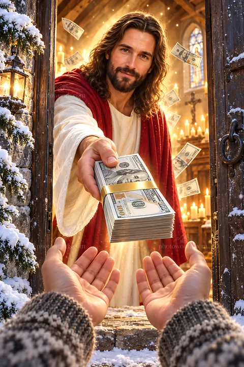 Snowbound chapel with figure offering cash - AI-generated stock image