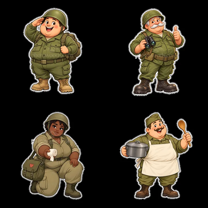 Cute ultra-chubby soldiers as cartoon stickers in a 2x2 layout - AI-generated stock image